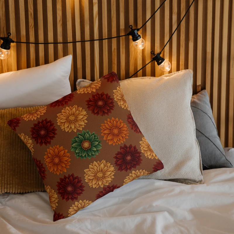 Luxurious autumn floral pillow on entryway bench with seasonal styling