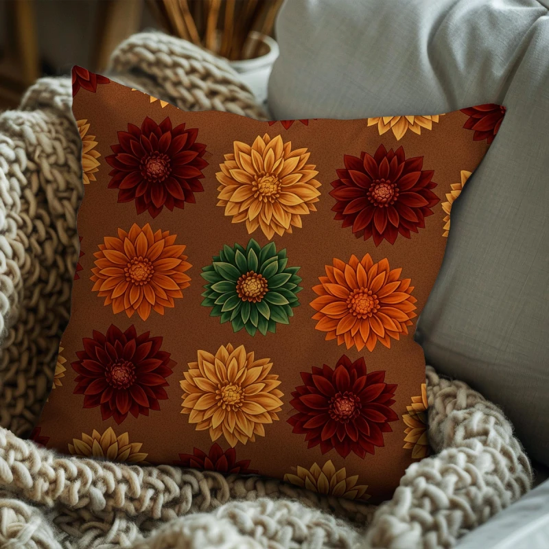 Dahlia pattern pillow on cozy sofa with autumn-themed warm decor