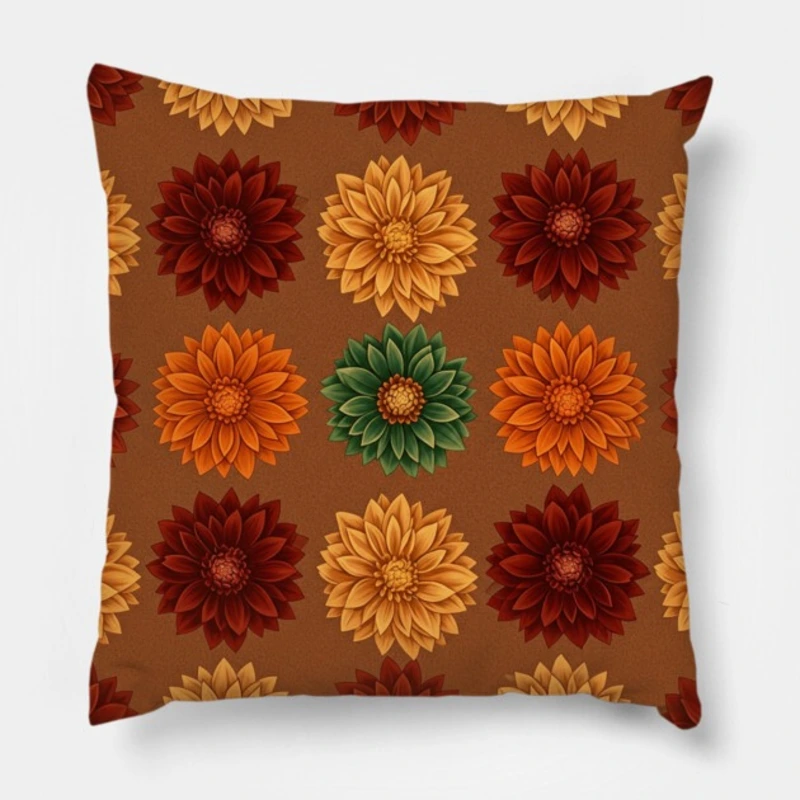 Autumn dahlia throw pillow with rich burnt orange and forest green flowers on brown background