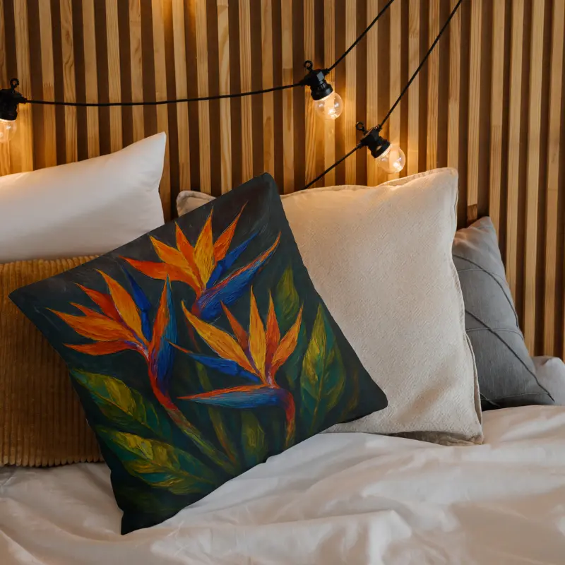 Bird of Paradise impasto throw pillow on light bedding, orange and ultramarine blooms with foliage glow