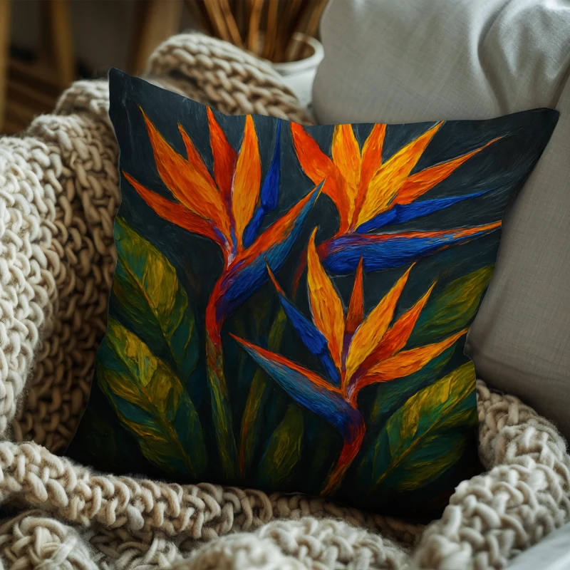 Bird of Paradise impasto pillow on charcoal sofa with vibrant orange and blue blooms, emerald leaves