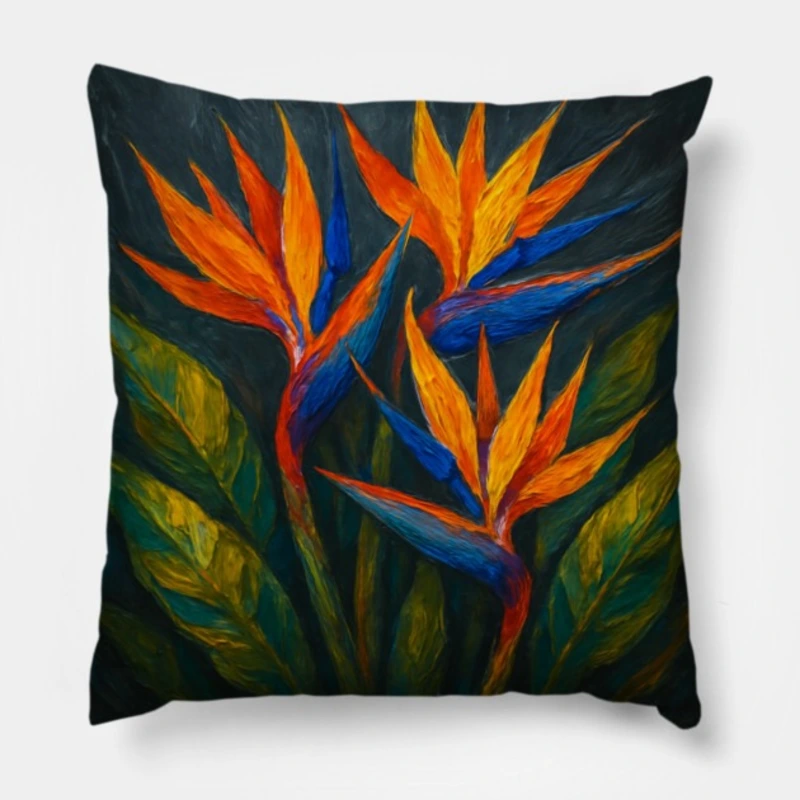 Bird of Paradise impasto pillow with fiery orange and sapphire blue petals on dark charcoal background