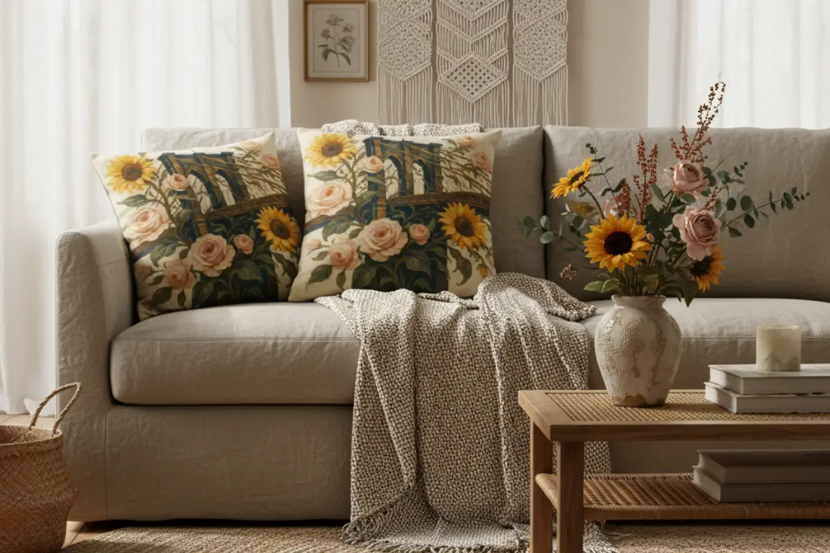 A pair of decorative pillows with a painterly Brooklyn Bridge design surrounded by sunflowers and roses, styled on a neutral linen sofa in a relaxed Boho Chic living room with layered textures and natural light.