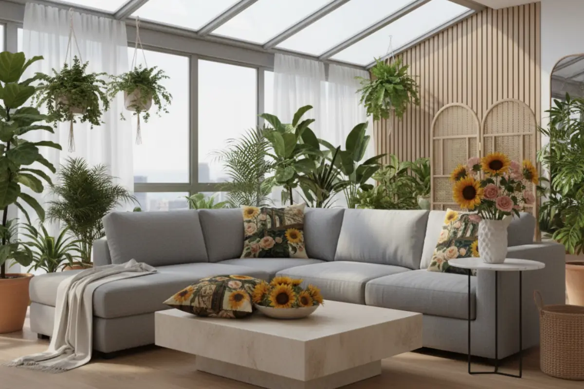 A refined glass conservatory lounge with two decorative pillows featuring a Brooklyn Bridge design surrounded by sunflowers and roses, styled on a modern gray daybed amid lush greenery and warm golden light.