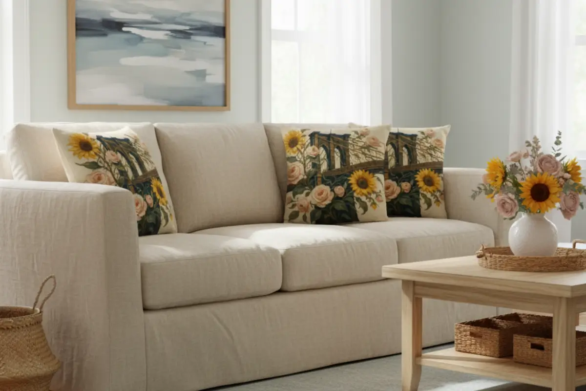A pair of decorative pillows with a painterly Brooklyn Bridge design surrounded by sunflowers and blush roses, styled on a soft neutral sofa in a bright Coastal Modern living room with natural textures and seaside light.