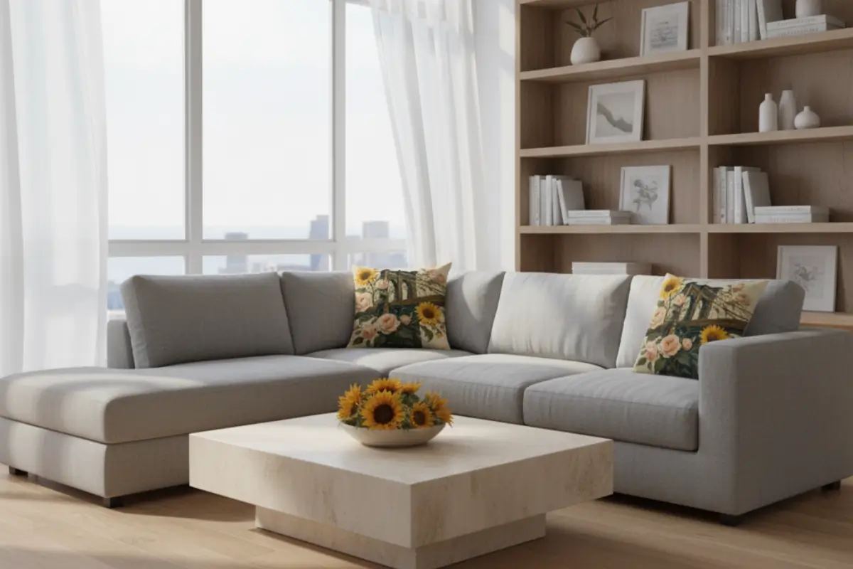 A bright, spacious Coastal Modern loft living room with a large gray sectional sofa and two pillows featuring a Brooklyn Bridge design surrounded by sunflowers and roses, overlooking a panoramic window with soft daylight.