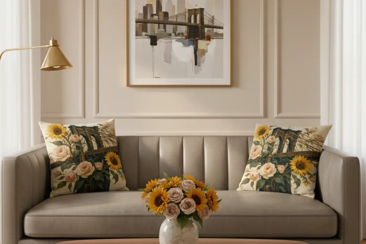 A pair of decorative pillows with a painterly Brooklyn Bridge design surrounded by sunflowers and blush roses, styled on a modern sofa in a refined New York–inspired living room.