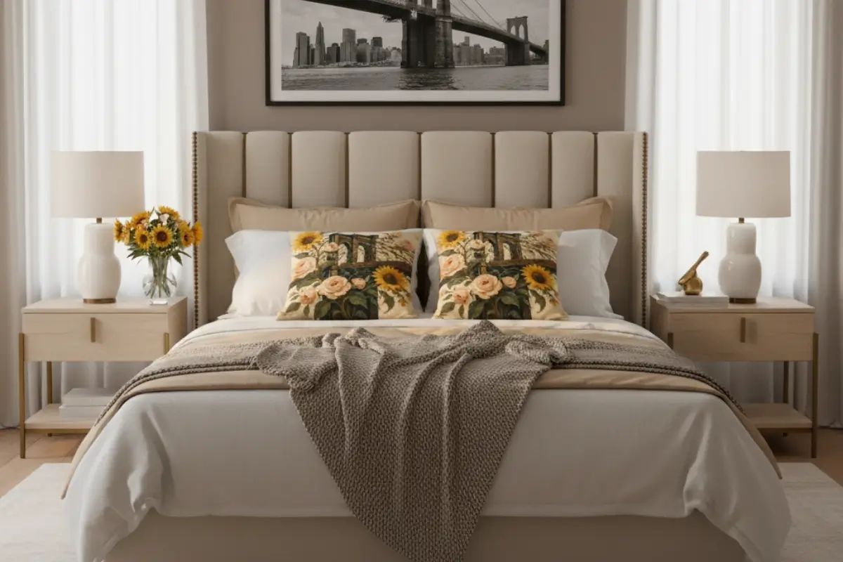 A luxurious bedroom retreat featuring two decorative pillows with a Brooklyn Bridge surrounded by sunflowers and roses, styled on a cream upholstered bed with brass accents, soft natural light, and elegant modern decor.