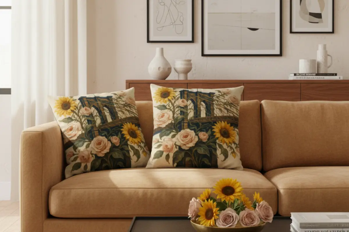 A pair of decorative pillows with a painterly Brooklyn Bridge design surrounded by sunflowers and blush roses, styled on a mixed-texture sofa in a Modern Eclectic living room with bold art and curated details.