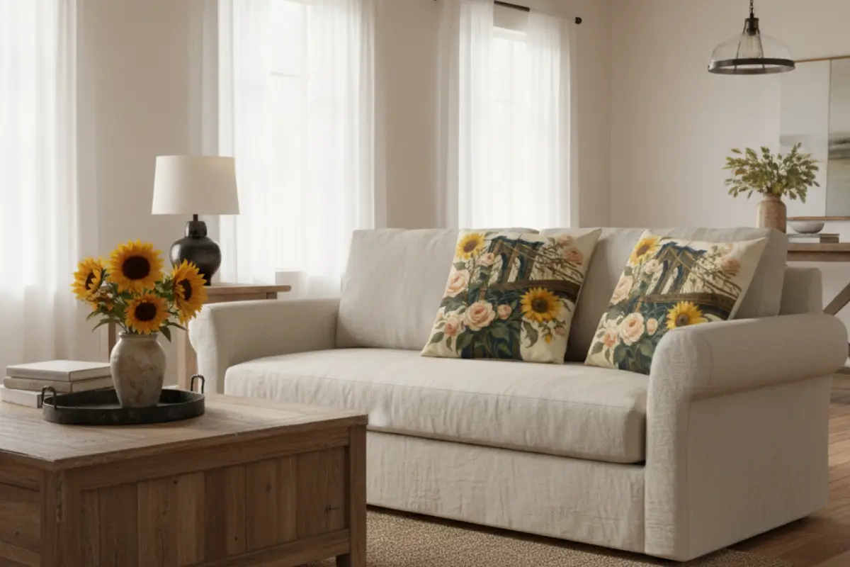 A pair of decorative pillows with a painterly Brooklyn Bridge design surrounded by sunflowers and blush roses, styled on a neutral linen sofa in a cozy Modern Farmhouse living room with rustic wood and soft sunlight.