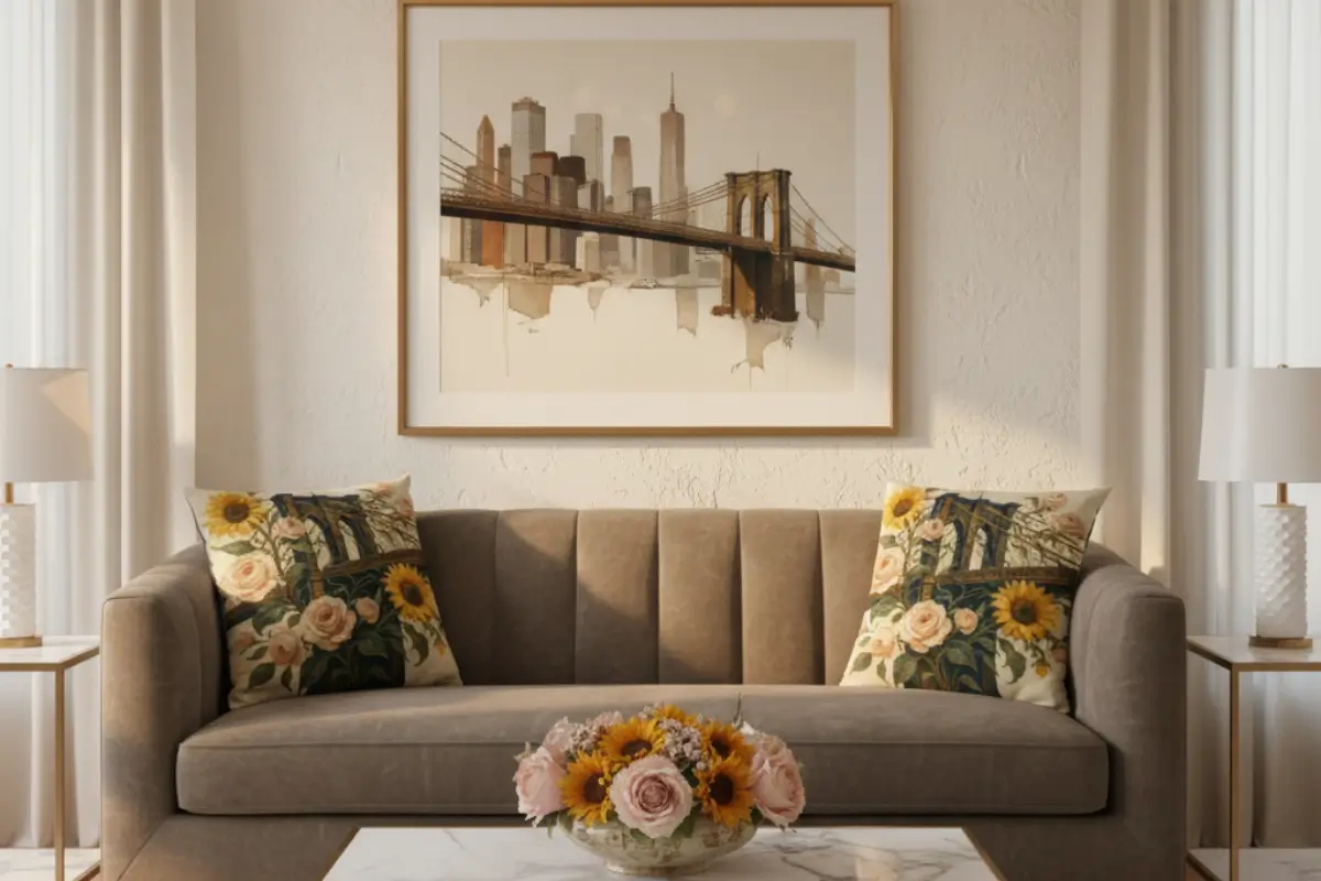 A pair of elegant decorative pillows with a painterly Brooklyn Bridge design featuring sunflowers and blush roses, styled on a plush velvet sofa in a Modern Luxe living room.