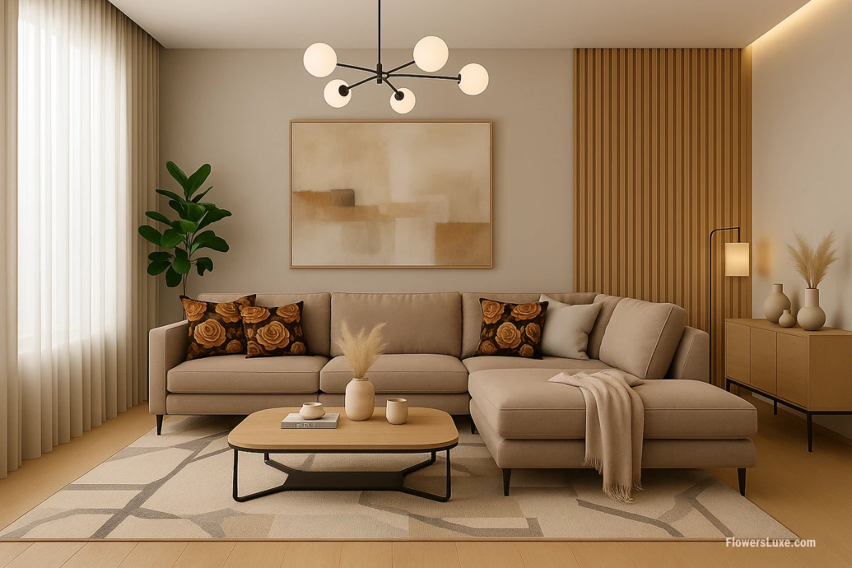 Brown floral print pillows with a rose pattern on a cream beige sectional fabric sofa in a modern interior setting.