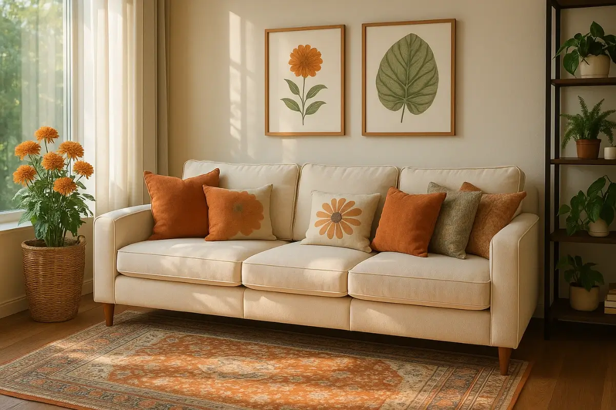 Cream sofa with floral pillows
