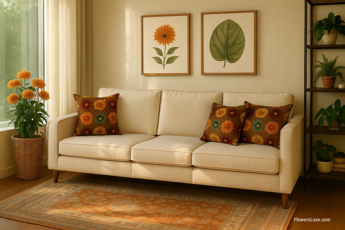 Brown floral throw pillows with orange, yellow, and green dahlia patterns on a cream-colored sofa in a sunlit living room