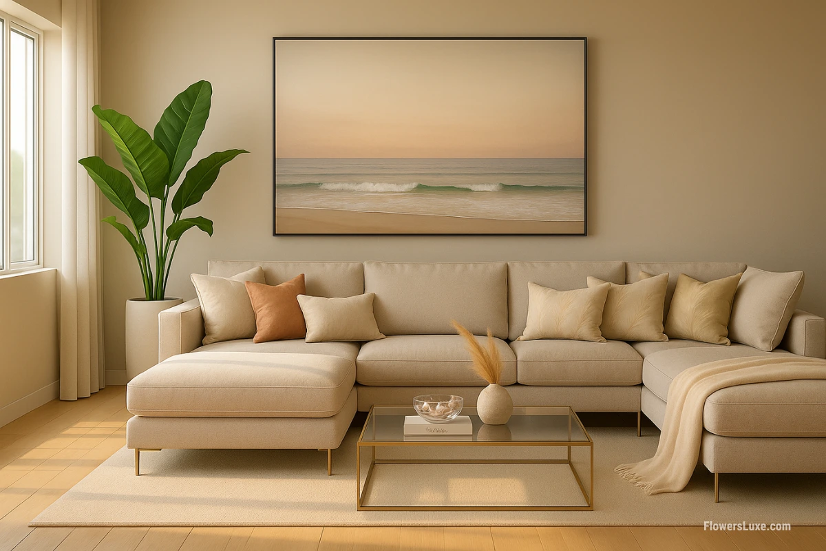 Pampas grass print throw pillows on a beige sectional sofa with a coastal wall art backdrop