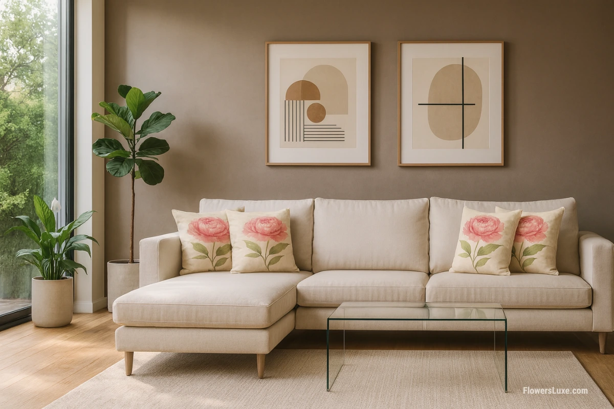 antique white sectional sofa with pink flower print throw pillows, abstract wall art, glass coffee table, and wood floor