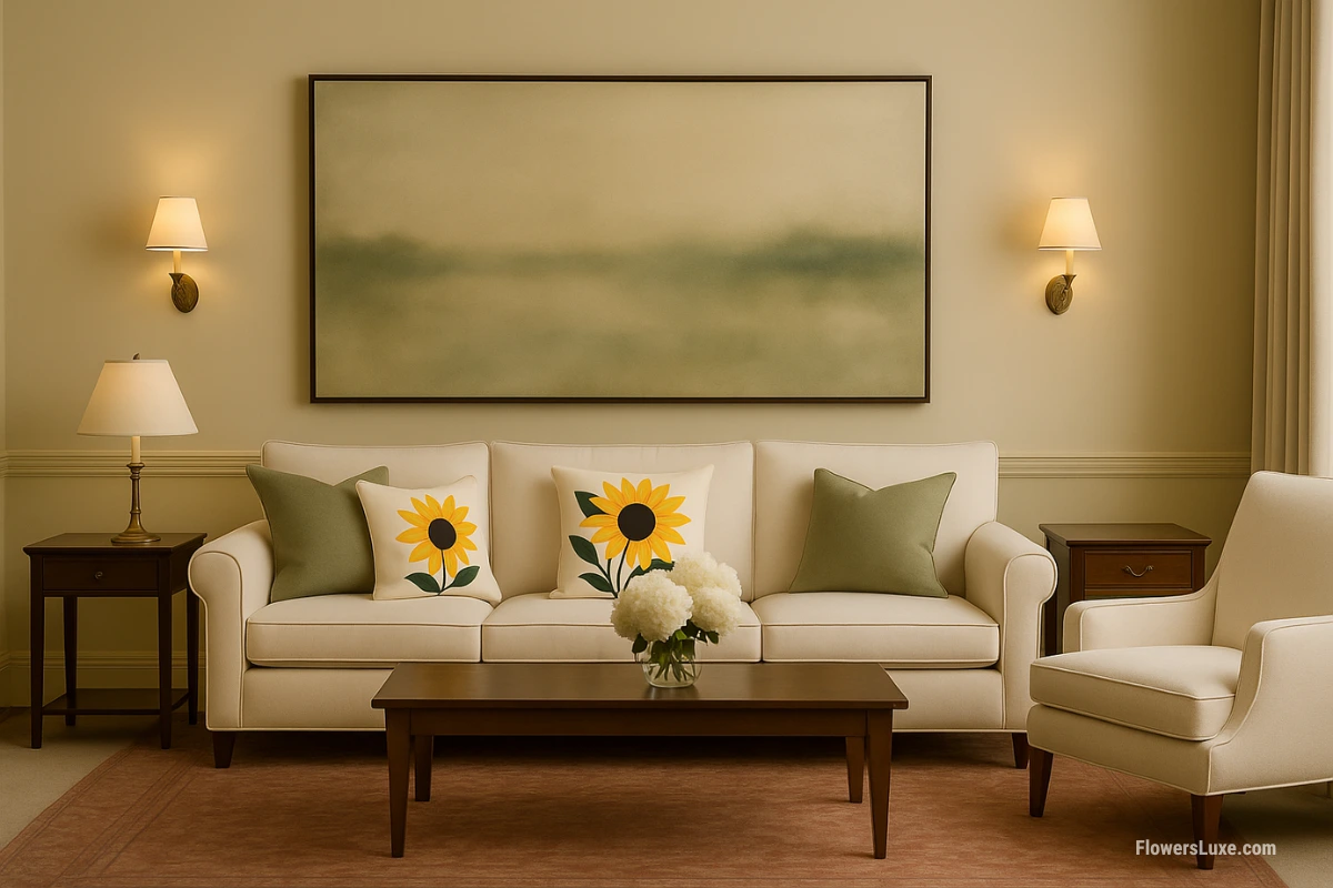 Sunflower-themed pillows with white backgrounds placed on a cream upholstered sofa in a bright living room.