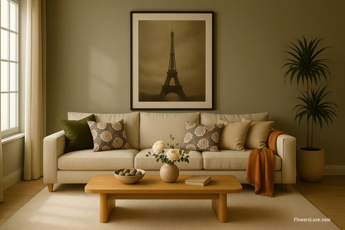 Three taupe rose-print throw pillows styled on a cream beige sofa with a modern botanical aesthetic.