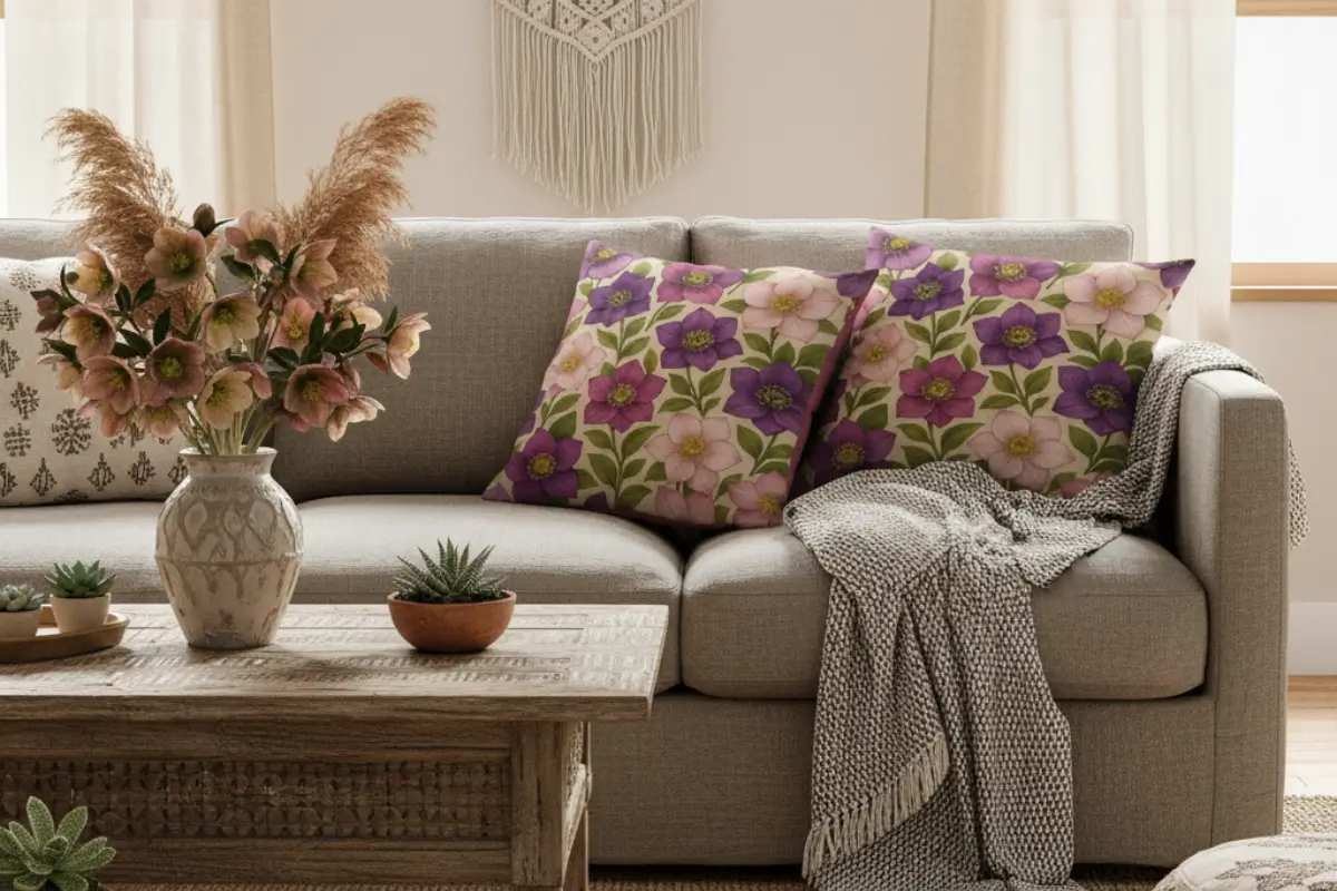 Boho chic living room with Greige Taupe sofa styled with hellebore flower pillows in plum, blush beige, moss green, and sand tones. Cozy neutral space with rattan furniture, woven textures, and hellebore flowers adding warm organic charm.