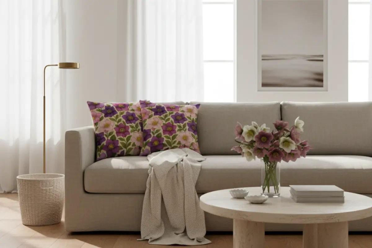 Coastal modern living room with Greige Taupe linen sofa styled with hellebore flower pillows in plum, blush beige, moss green, and sand tones. Airy, sunlit space with driftwood accents, neutral textures, and fresh hellebore flowers for organic coastal elegance.