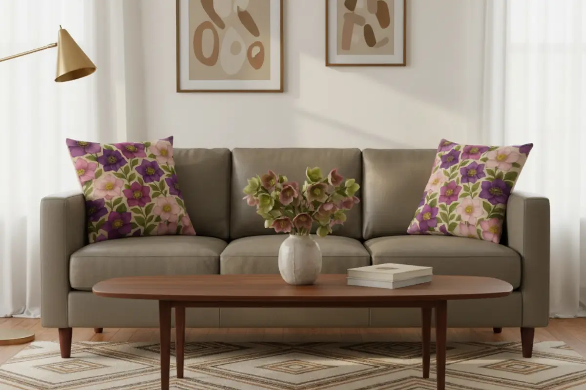 Mid-Century Modern living room with camel sofa styled with hellebore flower pillows in plum, blush beige, moss green, and sand tones. Elegant interior with walnut furniture, geometric lighting, and hellebore flowers adding timeless modern charm.