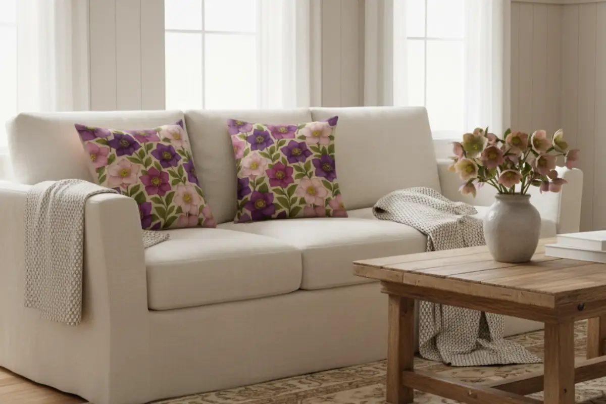Modern farmhouse living room featuring a Greige Taupe linen sofa styled with hellebore flower pillows in plum, blush beige, moss green, and warm sand tones. Editorial, Pinterest-worthy interior with reclaimed wood furniture, black metal lighting, and a vase of hellebore flowers adding rustic elegance.