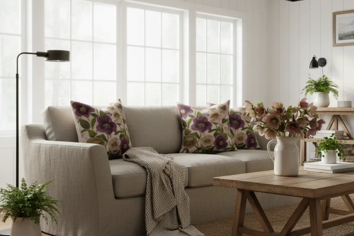 Modern farmhouse living room with Greige Taupe sofa styled with hellebore flower pillows in plum, blush beige, moss green, and sand tones. Cozy, elegant interior with shiplap walls, wood accents, and hellebore flowers adding warm rustic charm.