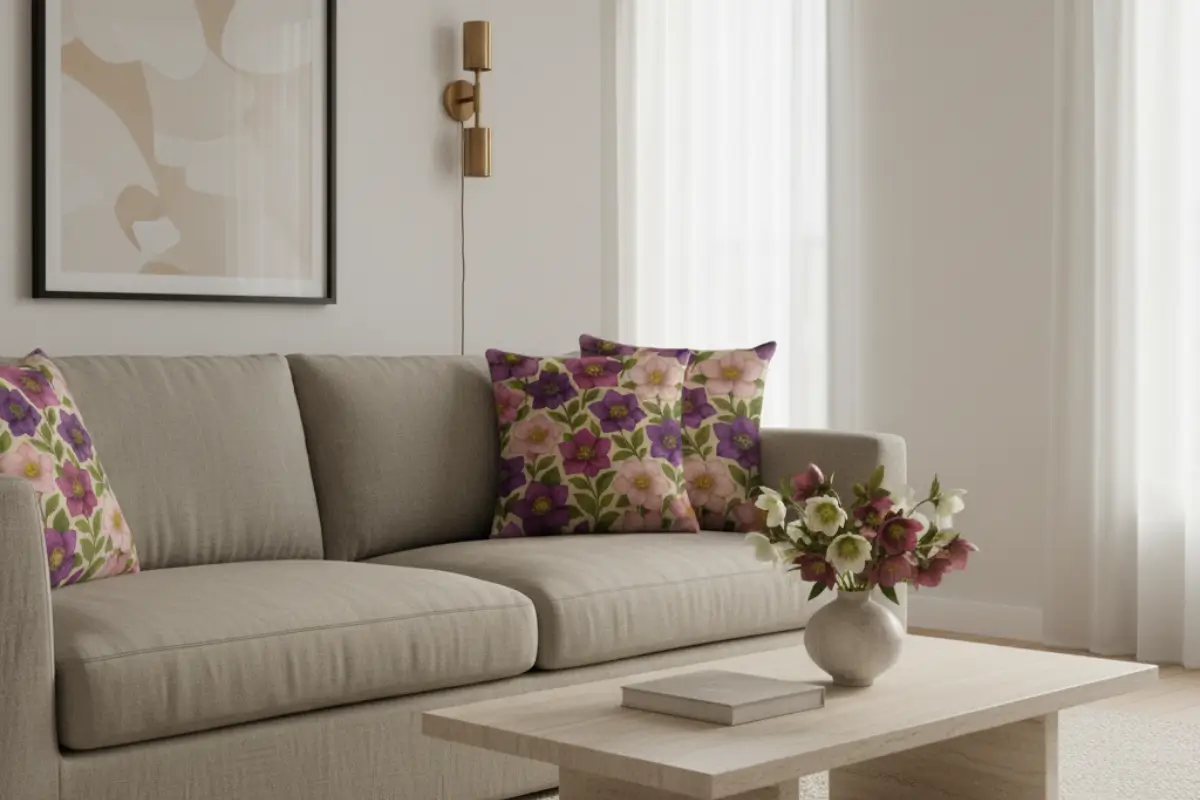 Coastal Modern living room featuring elegant flower pillows with a hellebore floral design in deep plum, blush beige, moss green, and warm sand on a soft linen sofa. Styled with light oak furniture, coastal textures, and fresh hellebore flowers for a bright, breezy, modern coastal interior design look.