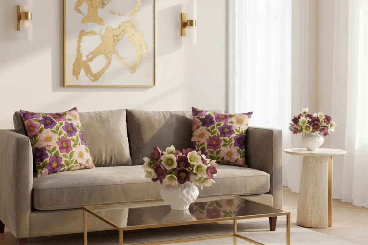 Modern Luxe living room featuring elegant flower pillows with a painterly hellebore design in deep plum, blush beige, moss green, and warm sand on a Greige Taupe velvet sofa. Styled with marble accents, brass lighting, and a vase of fresh hellebore flowers for a sophisticated, Pinterest-worthy interior design look.