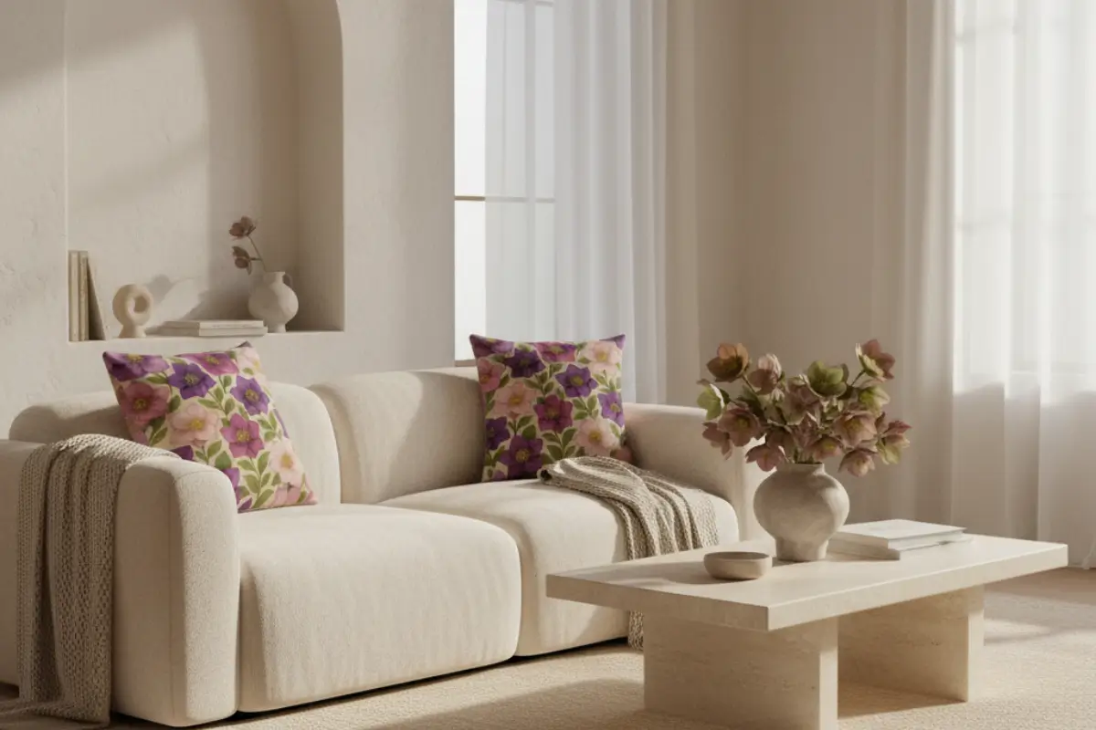 Organic contemporary living room with boucle sofa styled with hellebore flower pillows in plum, blush beige, moss green, and sand tones. Elegant neutral space with travertine furniture, soft lighting, and hellebore flowers adding modern natural beauty.