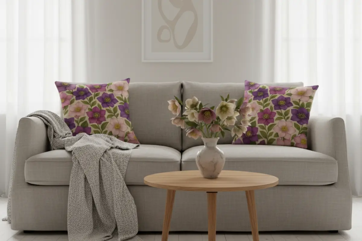 Scandinavian living room with Greige Taupe sofa styled with hellebore flower pillows in plum, blush beige, moss green, and sand tones. Minimalist, bright interior with birch furniture, neutral decor, and fresh hellebore flowers for natural Scandinavian elegance.
