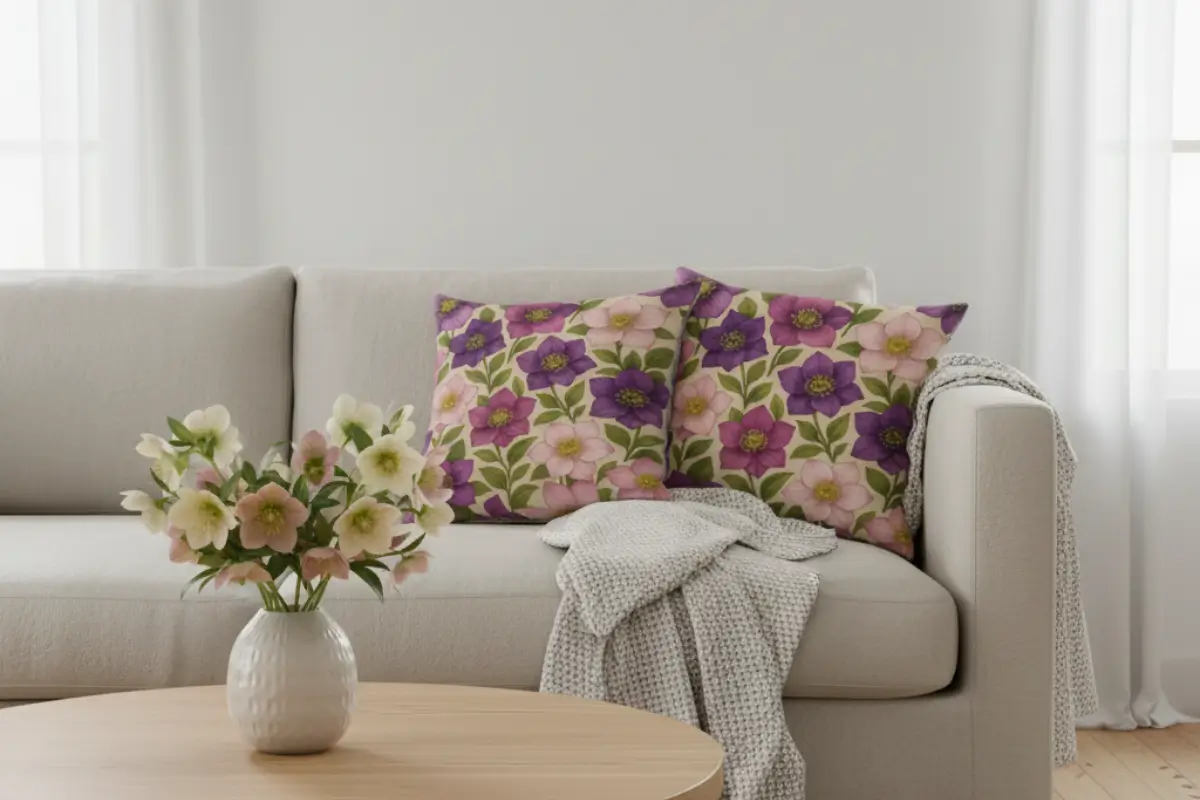 Scandinavian living room featuring soft flower pillows with a hellebore floral design in deep plum, blush beige, moss green, and warm sand on a light linen sofa. Styled with oak furniture, white plaster walls, and a vase of hellebore flowers for a calm, minimalist Nordic interior design look.