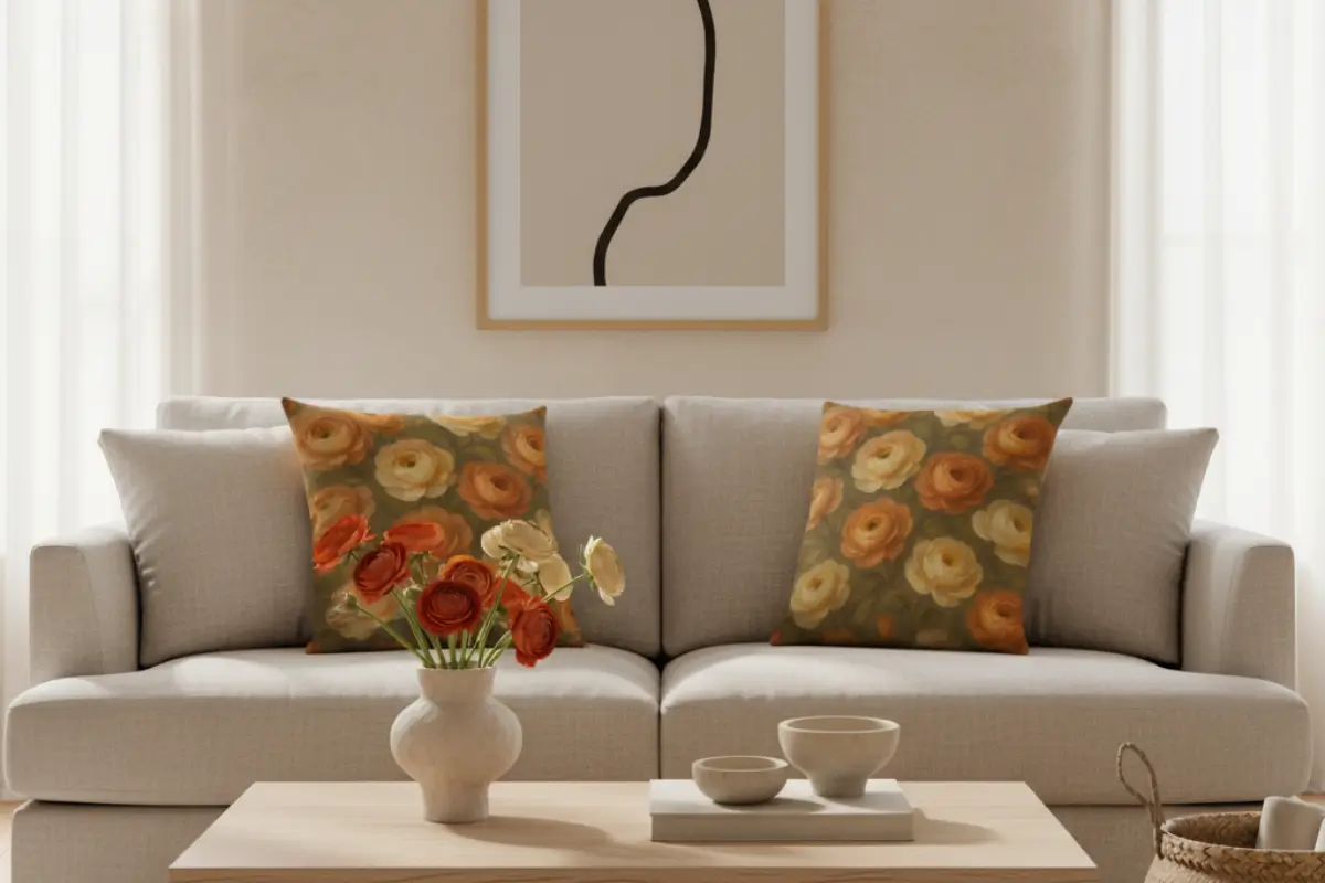 Japandi living room featuring elegant Ranunculus flower pillows on Greige Taupe sofa with natural wood accents and soft neutral palette