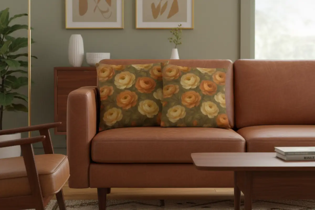 Mid-century modern living room featuring elegant Ranunculus flower pillows on Greige Taupe sofa with walnut wood furniture and retro charm