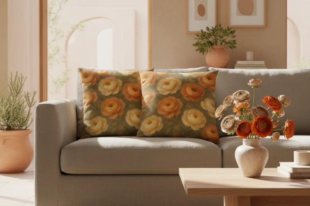 Modern desert chic living room featuring elegant Ranunculus flower pillows on Greige Taupe sofa with warm clay tones and natural textures