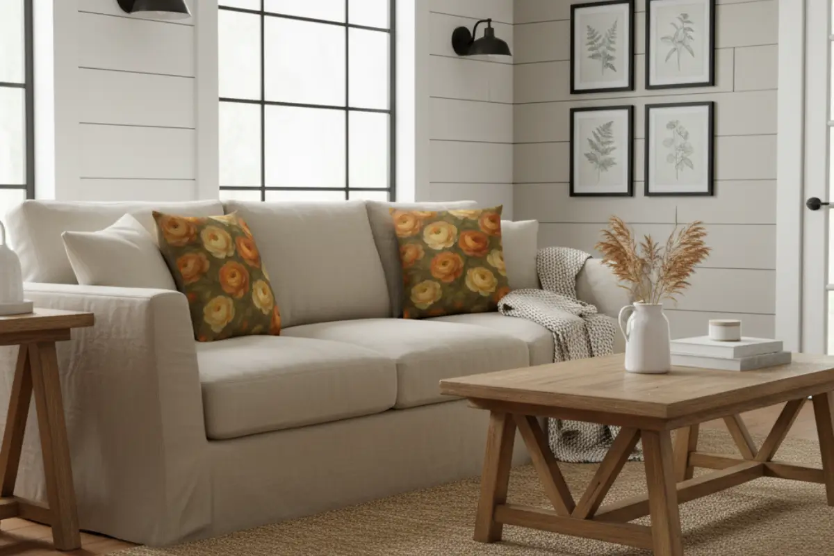 Modern farmhouse living room featuring cozy Ranunculus flower pillows on Greige Taupe sofa with rustic wood furniture and soft textures