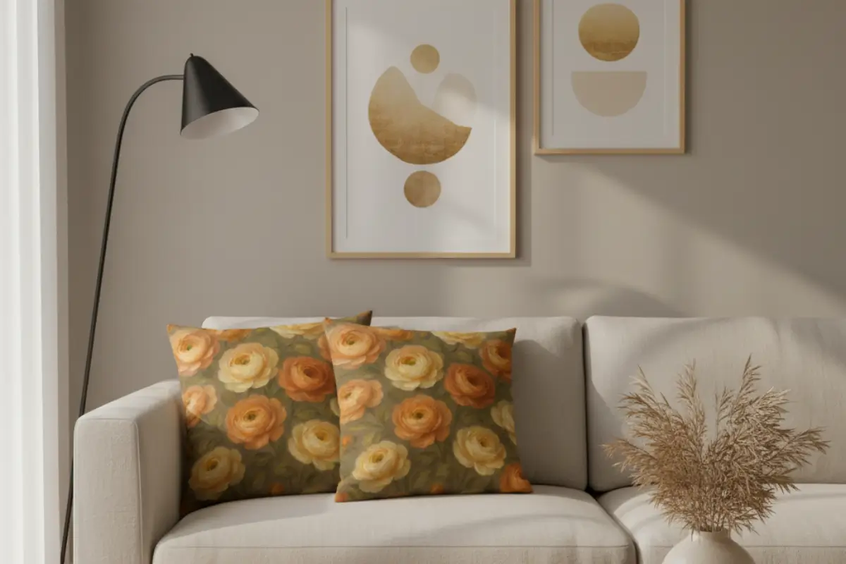 Modern living room scene featuring elegant Ranunculus flower pillows on Greige Taupe sofa with warm neutral decor and natural light