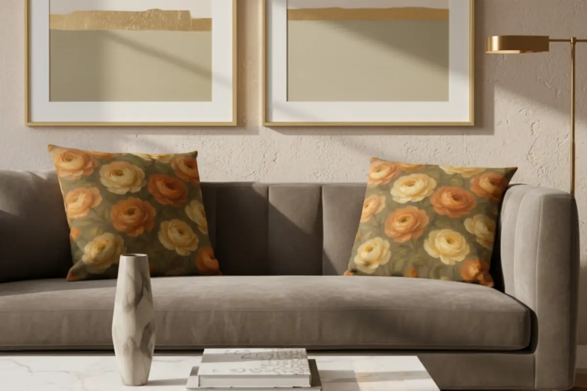 Modern luxe living room featuring elegant Ranunculus flower pillows on Greige Taupe sofa with refined neutral tones and brass accents