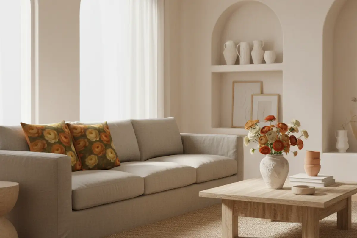 Modern Mediterranean luxury living room featuring elegant Ranunculus flower pillows in burnt orange with terracotta and warm earth tones