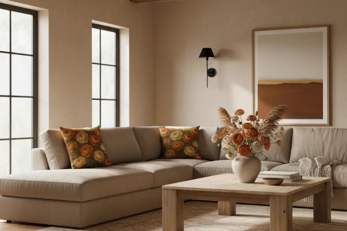 Modern rustic luxury living room featuring elegant Ranunculus flower pillows in burnt orange and golden beige with reclaimed wood elements