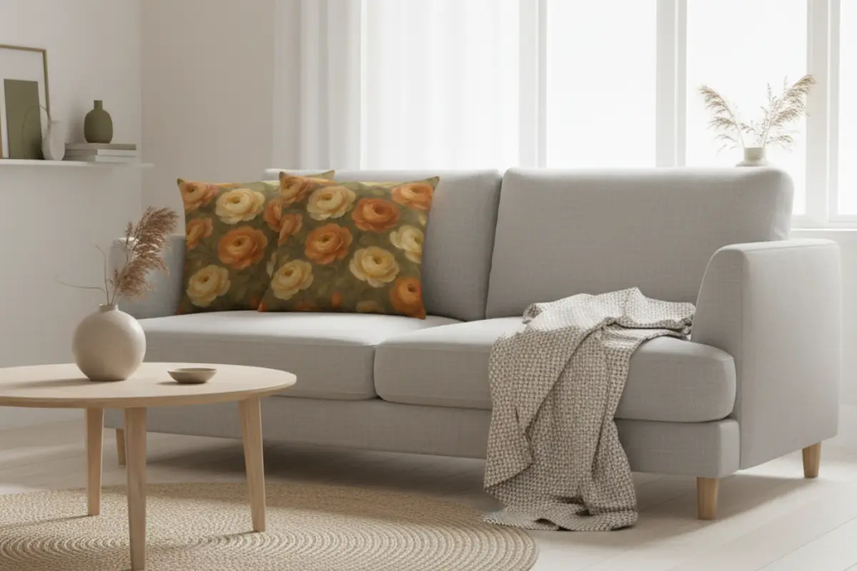 Scandinavian modern living room featuring cozy Ranunculus flower pillows on Greige Taupe sofa with minimal neutral decor and hygge warmth