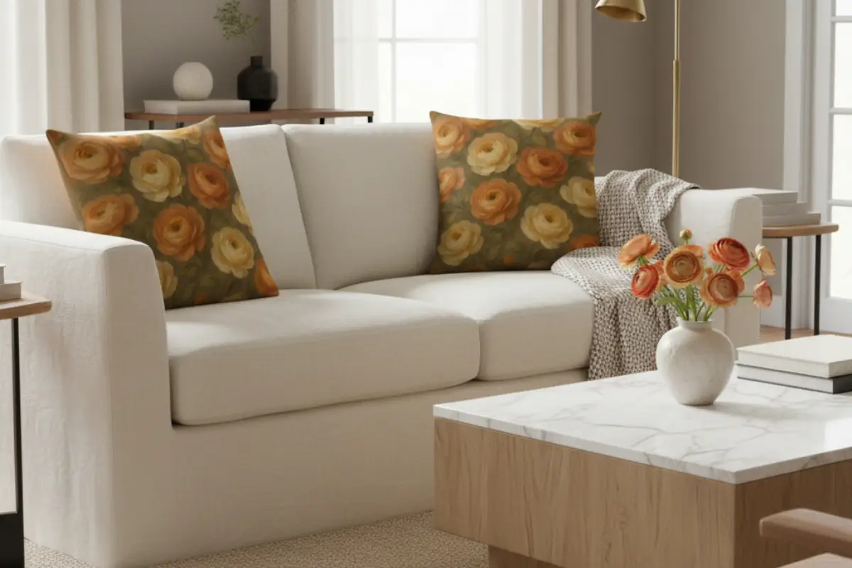 Transitional modern living room featuring stylish Ranunculus flower pillows in burnt orange and golden beige creating warm ambiance
