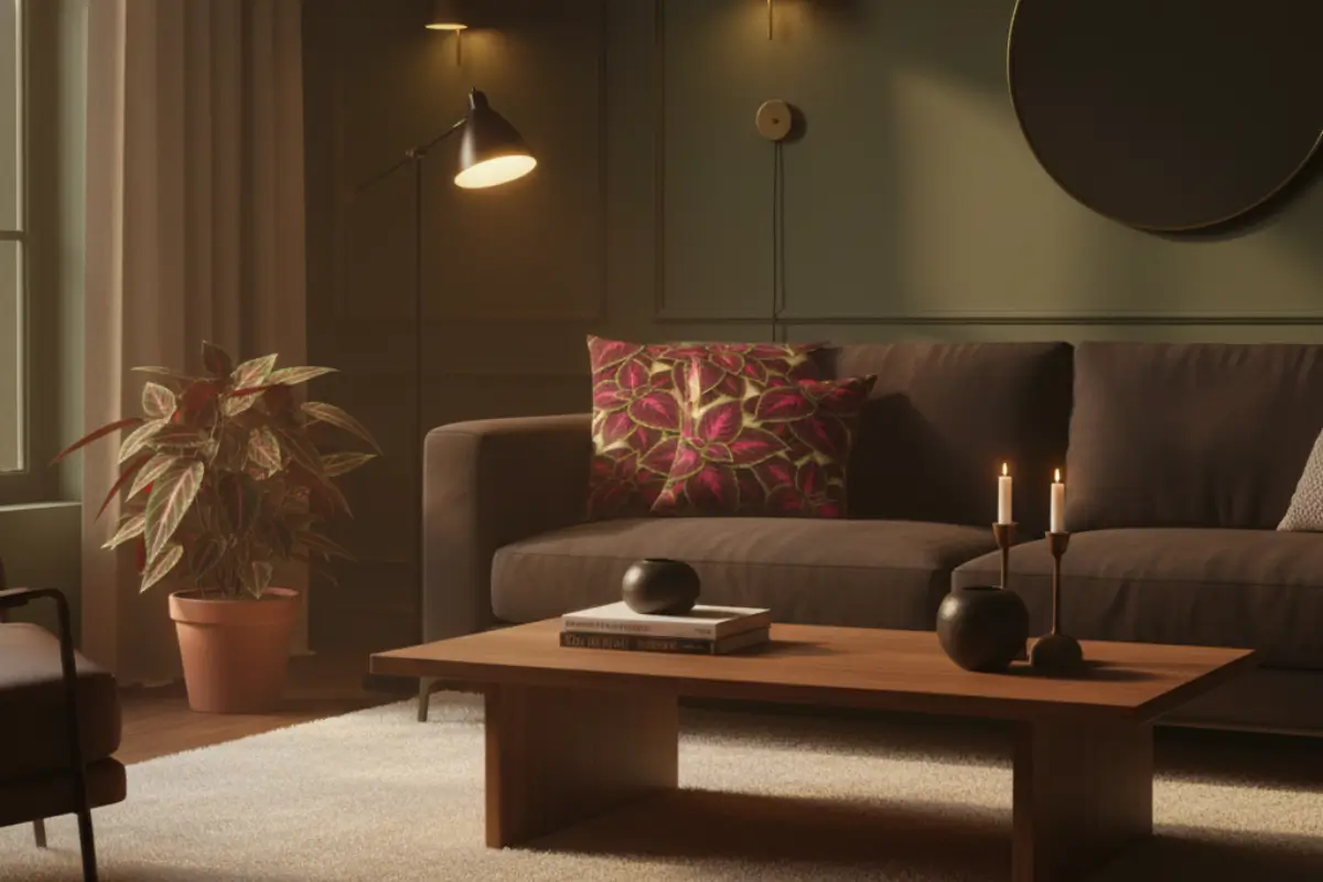 Cozy modern living room with dark brown sofa styled with Begonia Rex flower pillow designs and warm lighting