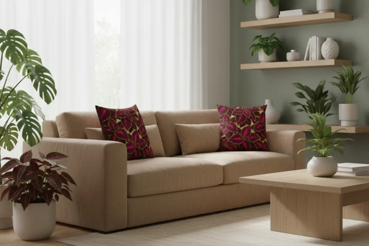 Modern living room with cream couch decorated with Begonia Rex flower pillow designs featuring bold magenta and green botanical patterns