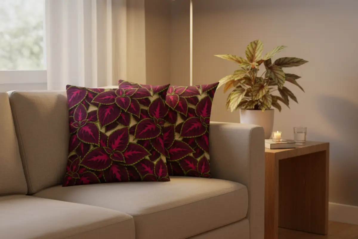 Modern living room at night with beige linen sofa and Begonia Rex leaf-pattern pillows creating cozy ambiance with warm lighting
