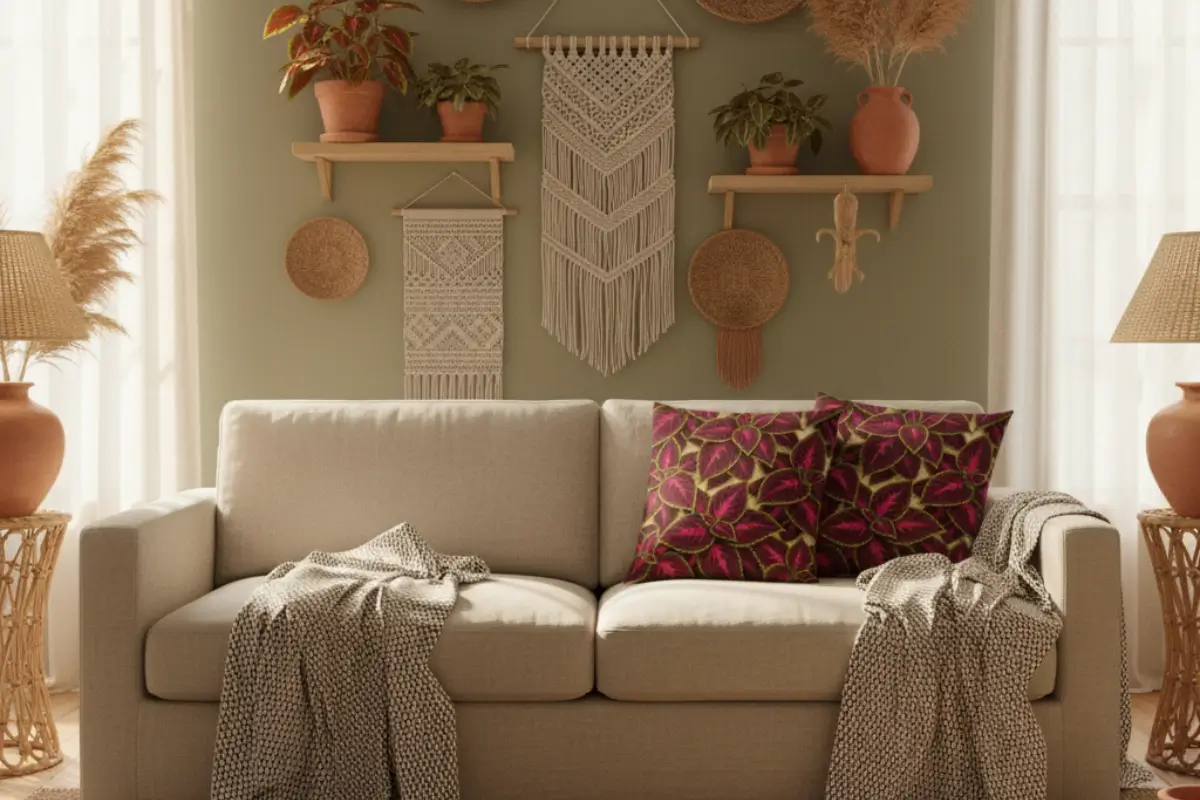 Boho-style living room with beige sofa decorated with Begonia Rex floral pillows in magenta and green with layered textures