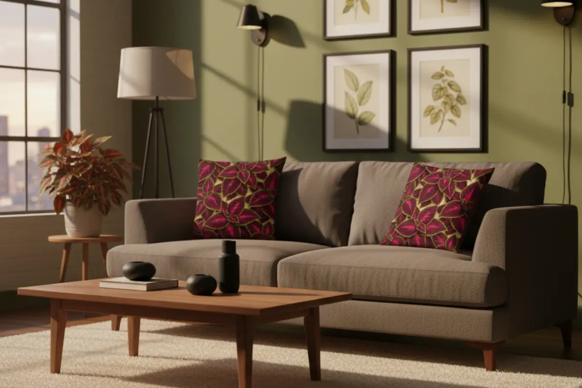 Modern living room with gray sofa decorated with Begonia Rex floral pillows in magenta and green creating contemporary contrast