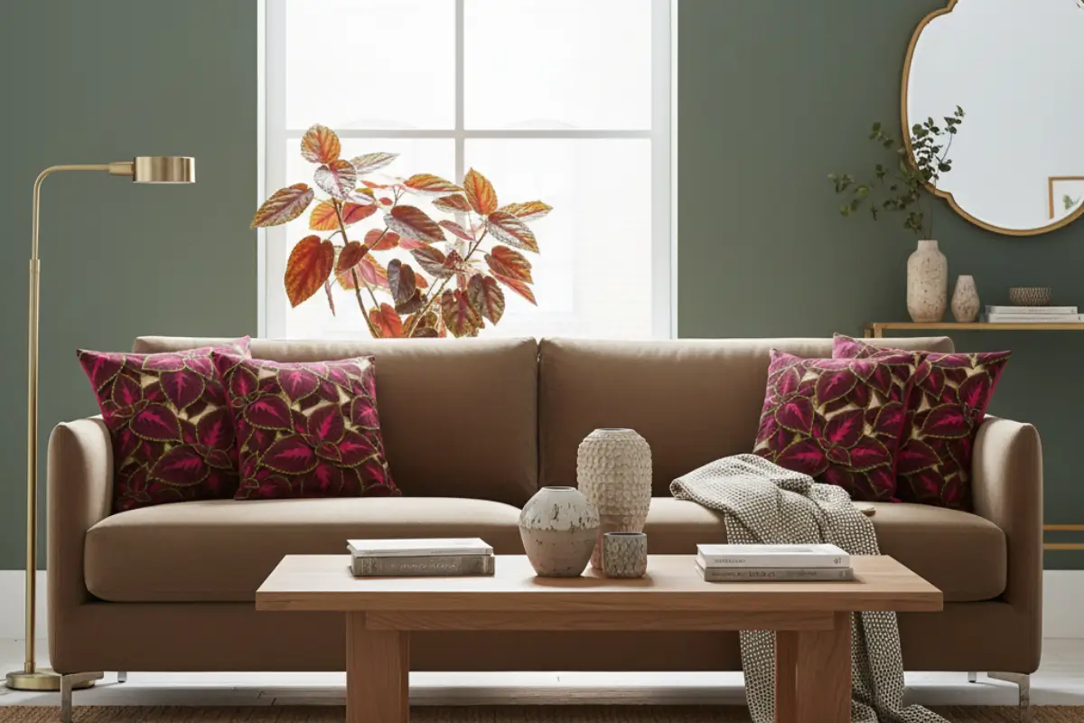Modern living room with beige sofa decorated with Begonia Rex floral pillows featuring vibrant magenta and emerald botanical patterns