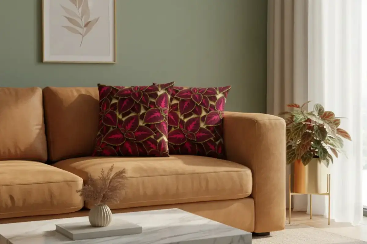 Modern living room in soft natural daylight with light beige linen sofa and Begonia Rex pillow designs adding tropical botanical charm