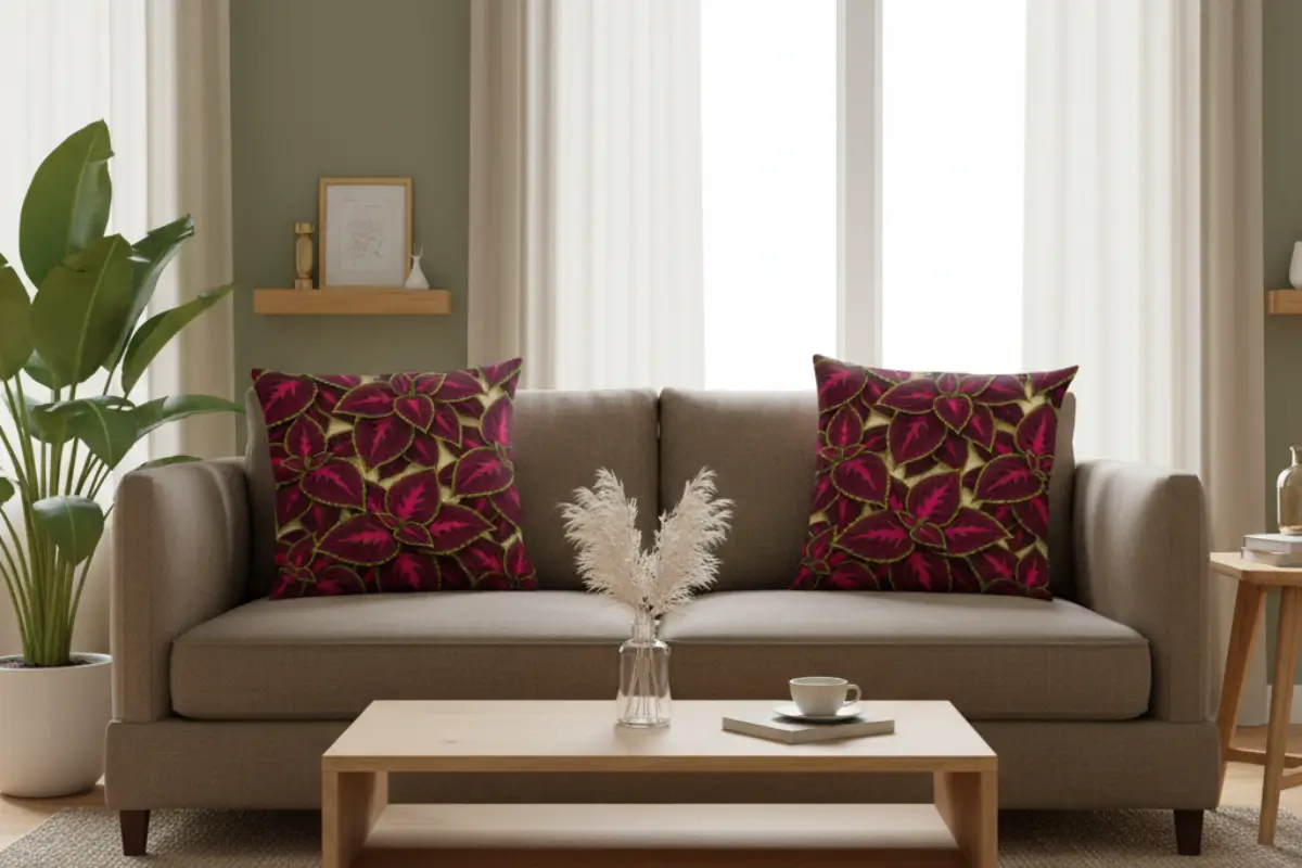 Modern living room in soft natural daylight with brown fabric sofa styled with elegant Begonia Rex botanical pillow patterns